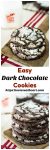 Two views of A stack of Dark Chocolate Cookies sitting in front of a bottle of milk and a cooling rack full of cookies.