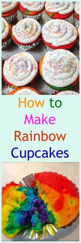 Top-down photo of rainbow cupcakes frosted and garnished with sprinkles.