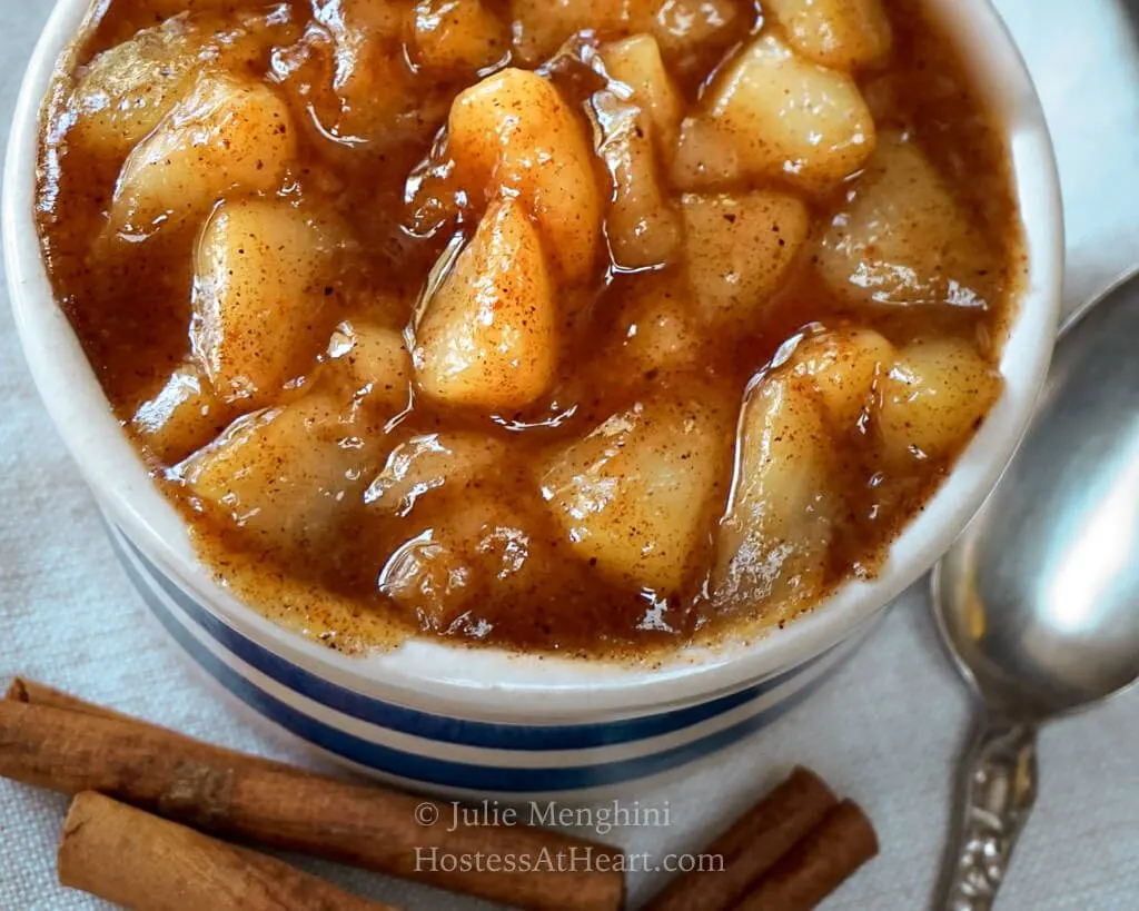 top view of bowl of pear pie filling