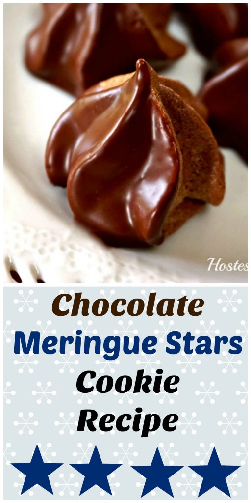 Two views of Chocolate Meringue Stars dipped in chocolate ganache sitting on a white plate