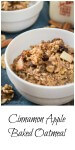 A white bowl of Cinnamon Apple Baked Oatmeal garnished with raising and fresh apples. Nuts and cinnamon sticks are scattered by the bowl. 
