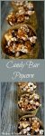 Two views of Candy Bar Popcorn sitting in paper cups over a wooden cutting board.