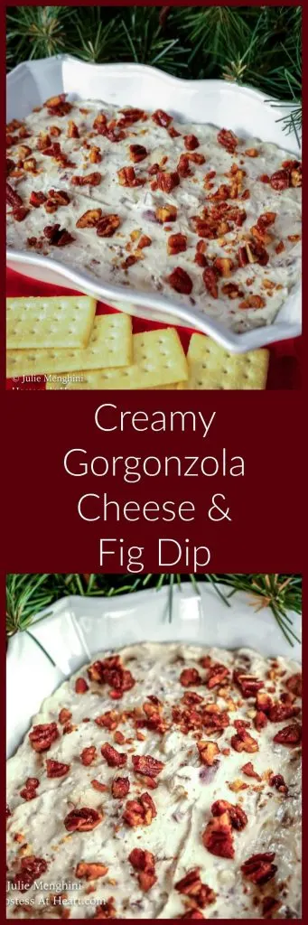 Two views of a white dish filled with Gorgonzola Cheese and Fig Dip sitting next to crackers.