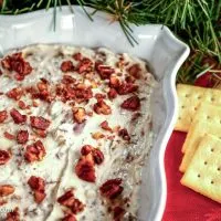 A white dish filled with Gorgonzola Cheese and Fig Dip sitting next to crackers. 