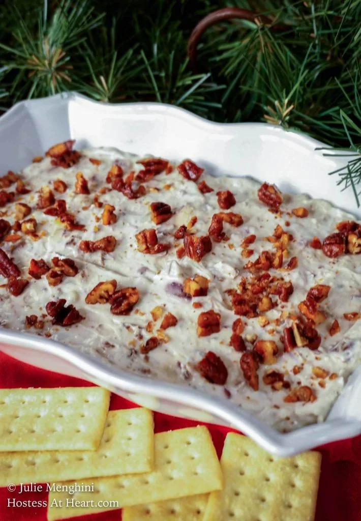 A white dish filled with Gorgonzola Cheese and Fig Dip sitting next to crackers.