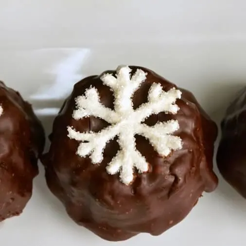 A chocolate cake bundtlette glazed with chocolate and topped with a sugar snowflake decoration.