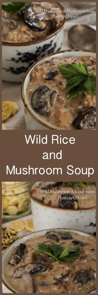 Two photo collage for Pinterest of two soup bowls filled with Wild Rice and Mushroom soup topped with fresh parsley. Soup crackers are scattered about and an antique soup spoon sits to the side.