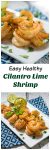 A plate cooked shrimp garnished with fresh cilantro next to squeezed lime.