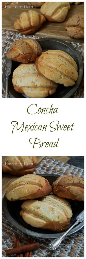A pie tin full of Mexican Concha rolls in front of a cooling rack filled with more Concha rolls. Cinnamon sticks sit next to the rolls.