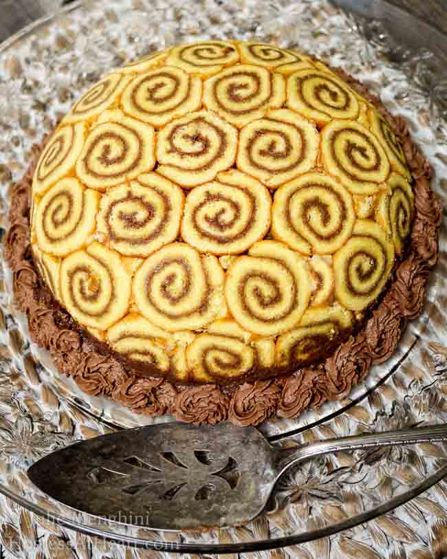 A round Charlotte Royal covered with cake swirled with chocolate frosting, A garnish of chocolate frosting stars are piped around the bottom of the cake.