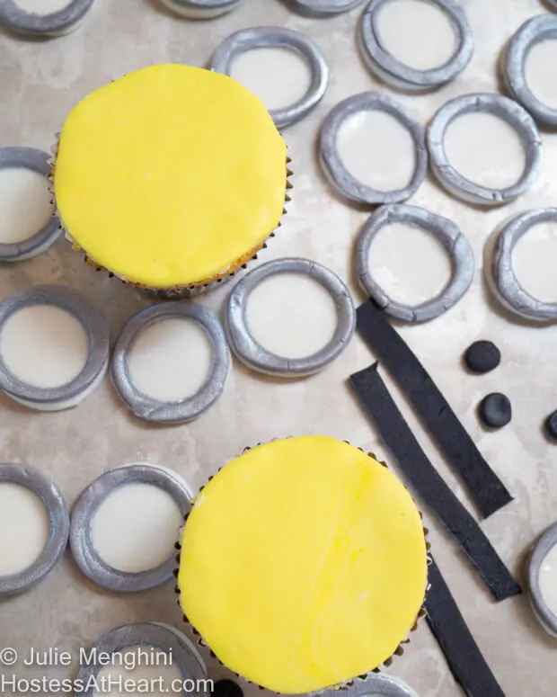Photo showing the shapes necessary to make minion cupcakes.