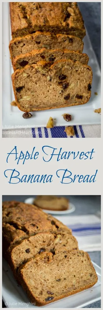 Two views of sliced Apple Banana Bread on a white plate over a blue striped dish towel.