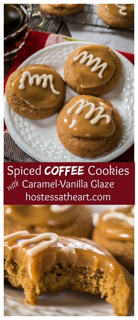 Three soft cinnamon spiced cookies with a gooey caramel topping and vanilla drizzle.