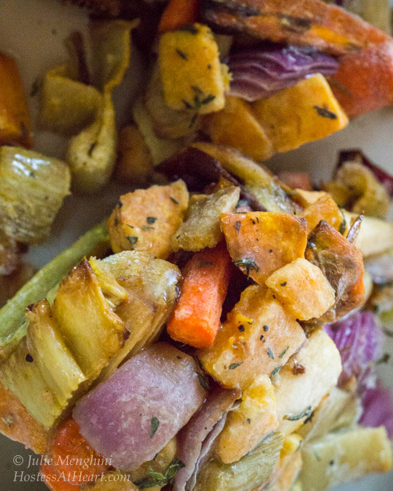 baking tray of roasted vegetables