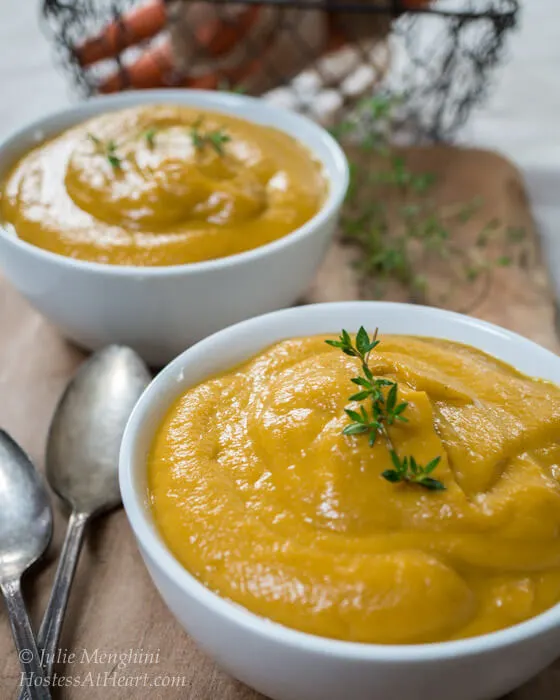 top view of bowl of creamy roasted vegetable soup