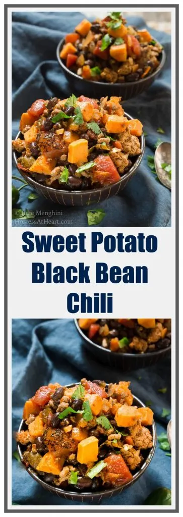 Two bowls of Sweet Potatoe and Black Been Chili sitting on a blue napkin.