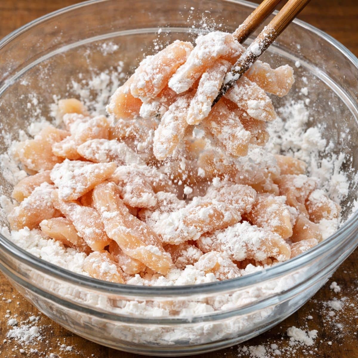 A mixing bowl filled with strips of chicken being coated with cornstarch. Hostess At Heart