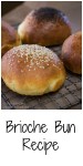 Close-up side view of brioche buns garnished with sesame seeds, poppyseed, or left plain sitting on a cooling rack over parchment paper. The title Brioche Bun Recipe runs across the bottom.