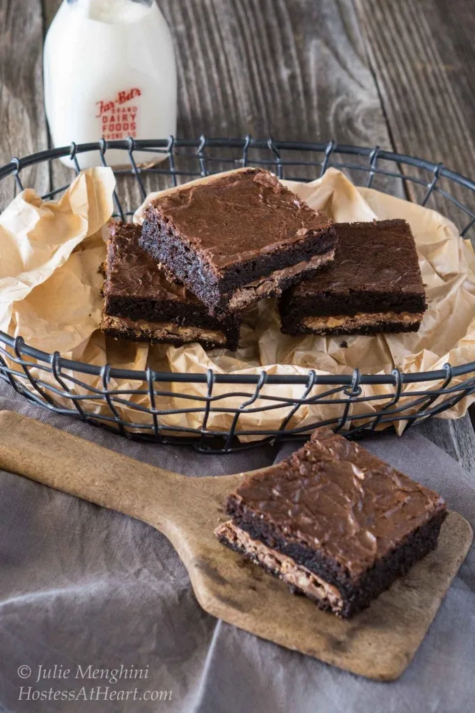 Pieces of dark chocolate brownies stuffed with a dark chocolate coffee candy filling.