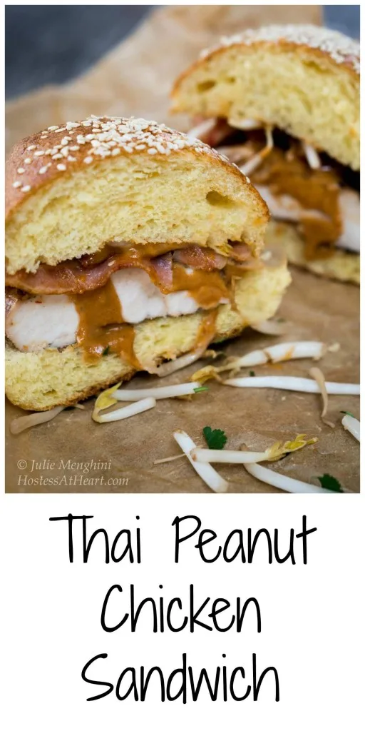 A half of Thai Chicken Sandwich with a layer of bacon and peanut sauce running down the front. Bean sprouts are scattered in the front and the title \"Thai Peanut Chicken Sandwich runs across the bottom.