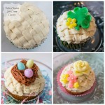 4 grid photo showing 4 different ways to decorate basketweave cupcakes including 1. Basketweave 2. Shamrock with a flour 3. Nest and candy eggs, 4. Spring flowers.