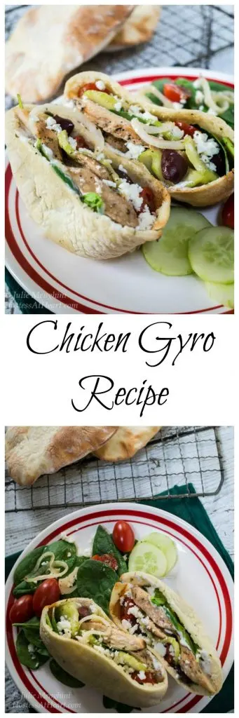 Two photo collage for Pinterest separated by the title banner reading \"Chicken Gyro Recipe\". The two photos are different views of a pita sliced in half and stuffed with Chicken Gyro ingredients including chicken onions, kalamata olives, cucumbers, and feta cheese. Cooked pita shells sit in the background on a cooling rack.