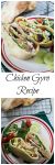 Two photo collage for Pinterest separated by the title banner reading "Chicken Gyro Recipe". The two photos are different views of a pita sliced in half and stuffed with Chicken Gyro ingredients including chicken onions, kalamata olives, cucumbers, and feta cheese. Cooked pita shells sit in the background on a cooling rack.