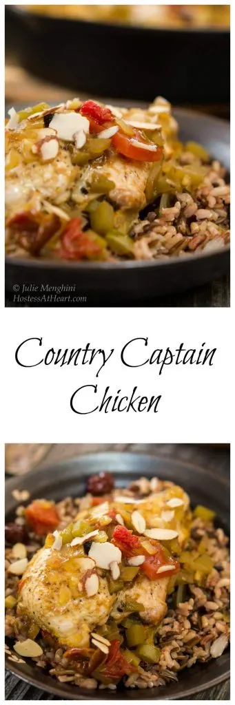 Two photo collage for Pinterest of a bowl of Indian flavored Chicken breast over a bed of rice topped with stewed tomatoes, green peppers, and sliced almonds. The title \"Country Captain Chicken\" runs through the center.