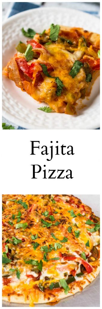 Two photo collage for Pinterest that are separated by a title banner reading \"Fajita Pizza\". The top photo is a Top-down view of a piece of chicken fajita pizza sitting on a white plate that\'s been garnished with parsley. The bottom photo is of the whole pizza.