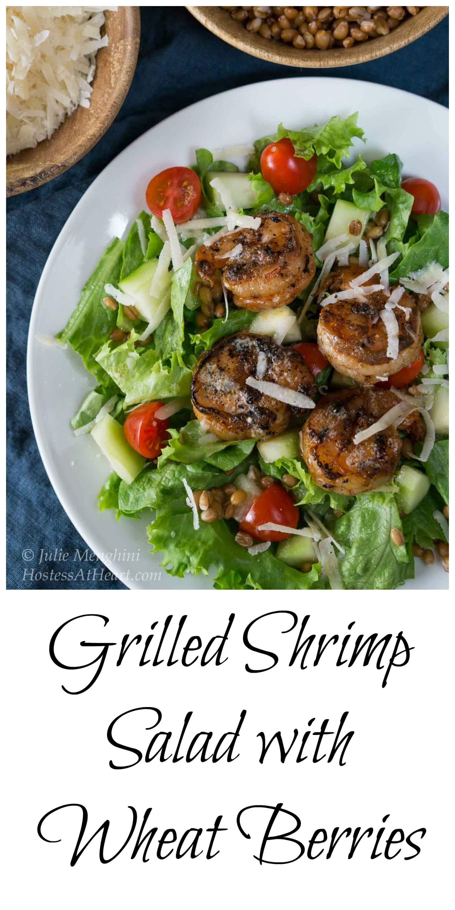 Grilled Shrimp Salad with Wheat Berries will not leave you hungry. It's filling, good for you and delicious. #healthyfood #whatsfordinner #Shrimp #shrimpsalad | Healthy Salad | Salad with shrimp | healthy salad