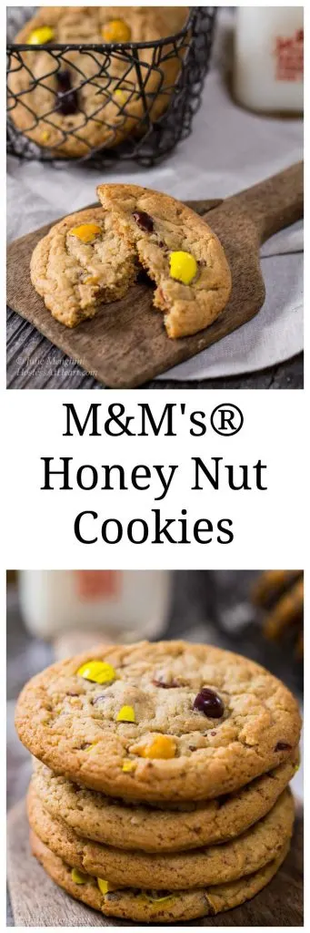 Two photo collage for Pinterest separated by a title banner reading \"M&M Honey Nut Cookies\". The top photo is a broken cookie sitting on a wooden antique butter paddle with a basket of cookies and a bottle of milk in the background.  The bottom photo is a stack of 4 cookies on the butter paddle. A bottle of milk sits in the background.