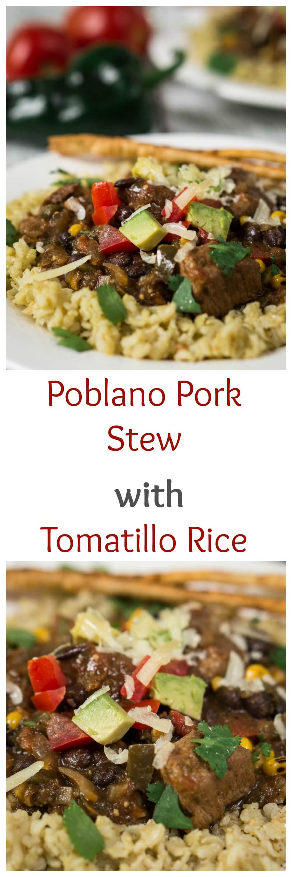 Poblano Pork Stew over Tomatillo Rice is rich in flavors and has a deliciously warm kick. It can be made in a crockpot or simmered on the stove. Either way, you're going to love this dish | HostessAtHeart.com #poblano #fiestamexicana #mexicanfood | Mexican Food | Poblano Peppers