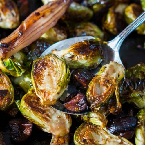 Roasted Brussels Sprouts with Shallots and Mushrooms - Hostess At Heart
