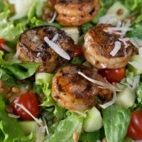 Close-up view of a white plate filled with a green salad, cucumbers, and tomatoes then topped with grilled shrimp and garnished with cheese.