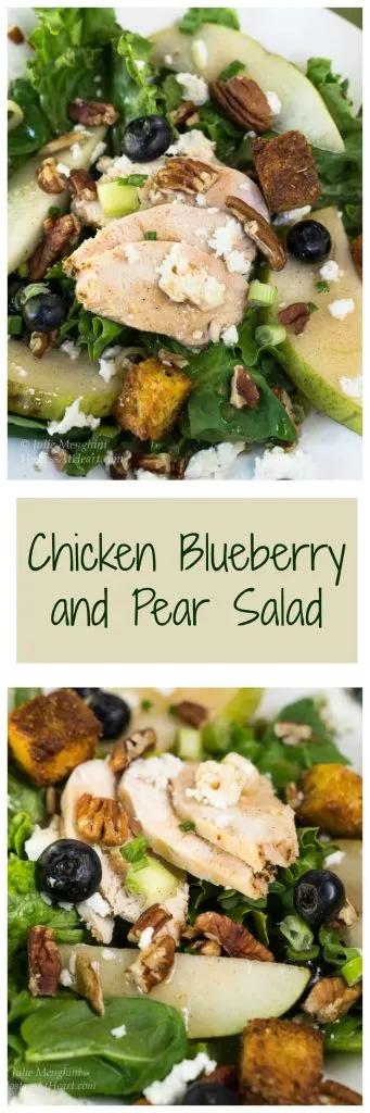 Two photo collage for Pinterest showing two views of a Green lettuce salad topped with sliced chicken, fresh pears, candied pecans, green onions, blueberries, and blue cheese crumbles. A banner with the title \"Chicken Blueberry and Pear Salad runs through the center.