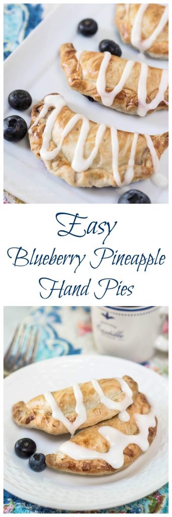 Two photo collage for Pinterest. The top photo show 3 glazed hand pies on a white tray. The bottom photo is of two hand pies sitting on a white plate with a cup of coffee in the background. The title \"Easy Blueberry Pineapple Hand Pies\" runs through the center.