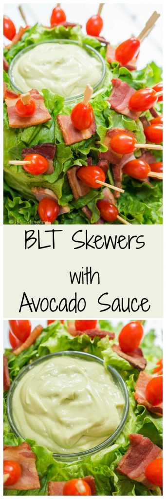 Two photos showing a head of lettuce that\'s been hollowed out and filled with Avocado sauce. Skewers filled with bacon and tomatoes stick out from the lettuce. A banner with the title \"BLT Skewers with Avocado Sauce run through the center.