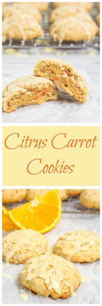 A two photo for Pinterest. The top photo is of a cookie split in half showing bits of carrots over a piece of parchment paper. A cooking rack filled with glazed cookies sits in the back. The bottom photo shows 4 glazed citrus cookies in front of sliced oranges and a cooling rack filled with cookies in the background, A banner with the title \"Citrus Carrot Cookies\" runs through the center.