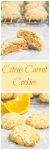 A two photo for Pinterest. The top photo is of a cookie split in half showing bits of carrots over a piece of parchment paper. A cooking rack filled with glazed cookies sits in the back. The bottom photo shows 4 glazed citrus cookies in front of sliced oranges and a cooling rack filled with cookies in the background, A banner with the title "Citrus Carrot Cookies" runs through the center.