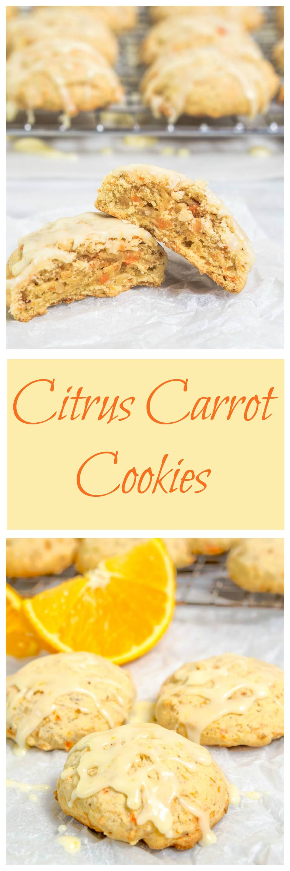 A two photo for Pinterest. The top photo is of a cookie split in half showing bits of carrots over a piece of parchment paper. A cooking rack filled with glazed cookies sits in the back. The bottom photo shows 4 glazed citrus cookies in front of sliced oranges and a cooling rack filled with cookies in the background, A banner with the title \"Citrus Carrot Cookies\" runs through the center.