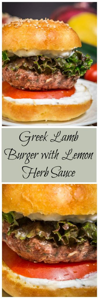 Two photo collage for Pinterest of a Lamb Burger on a bun showing layers of tomato, lettuce, and aioli sits on a white plate. A banner with the title \"Greek Lamb Burger with Lemon Herb Sauce\" runs through the center.