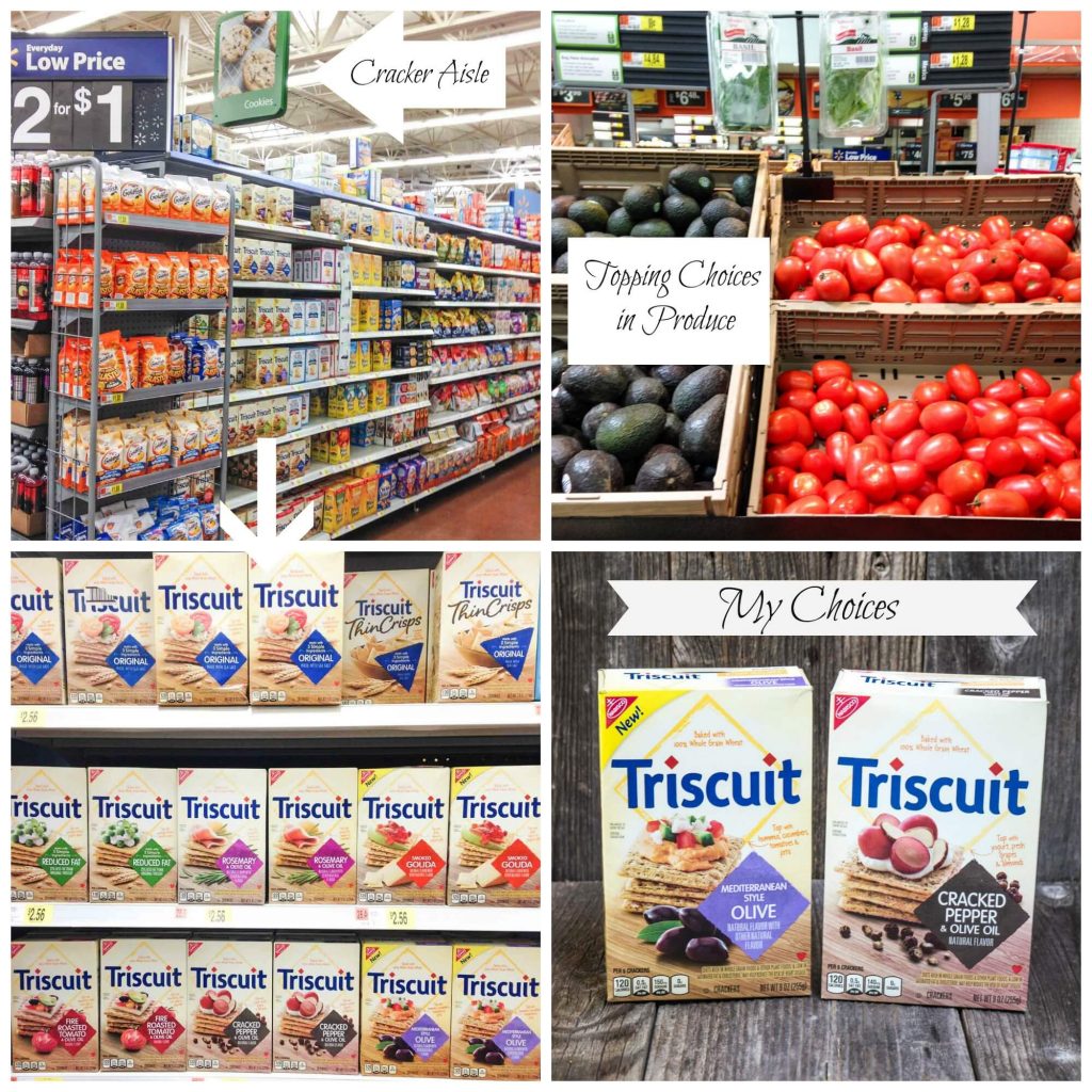 A 4 photo collage of shelves at Walmart showing where Triscuit crackers and the varieties available and where fresh tomatoes can be found.