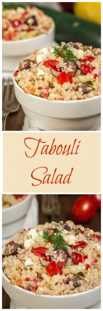 Two photo collage for Pinterest of white bowl of Tabouli salad topped with diced red pepper, Feta Cheese, and dill. A second bowl sits in the background. A banner with the title \"Tabouli Salad\" runs through the center.