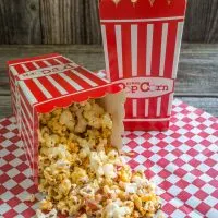 Popcorn box tipped over spilling Honey Nut Popcorn with bacon onto a red checked paper napkin. An upright box sits in the background,