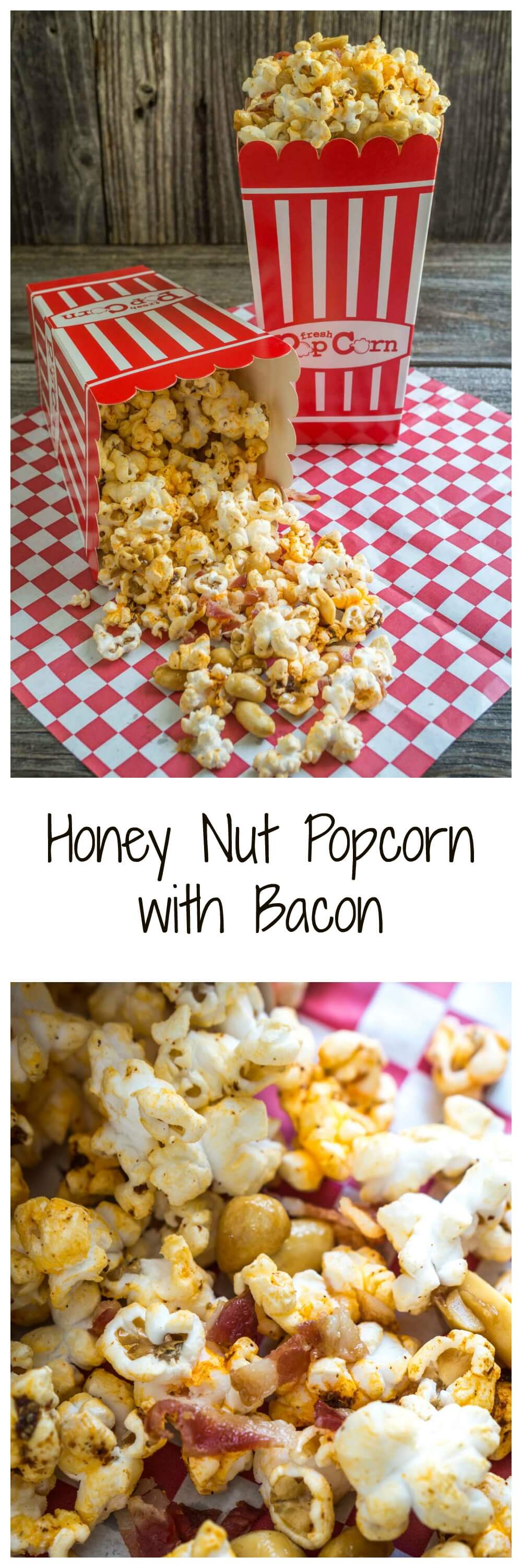 Honey Nut Popcorn with Bacon is the perfect mix of sweet, salty, smokey and crunchy. It's quick to put together and delicious to eat. Make plenty because it has a way of disappearing!
