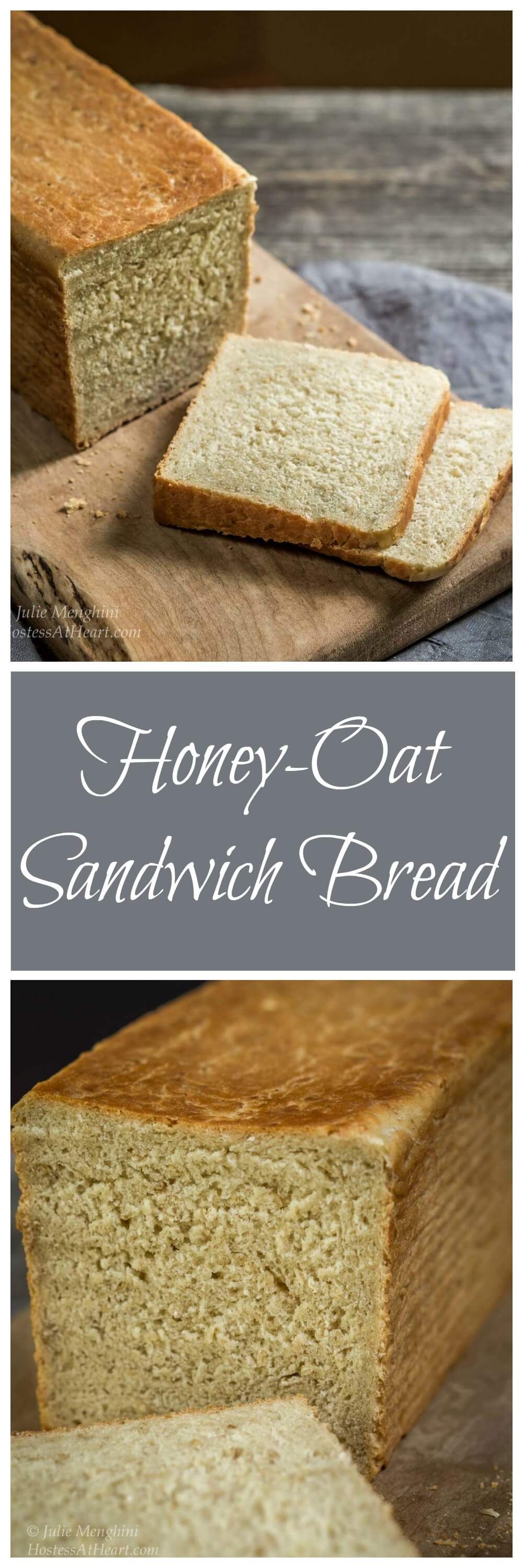 Two photos for Pinterest. The top photo is of an angled photo of a loaf of Honey Oat Pain de Mie sandwich bread with two slices cut from the front sitting on a cutting board. The bottom photo is a table view photo of the bread showing the cut side of the bread with a soft center and brown crust.