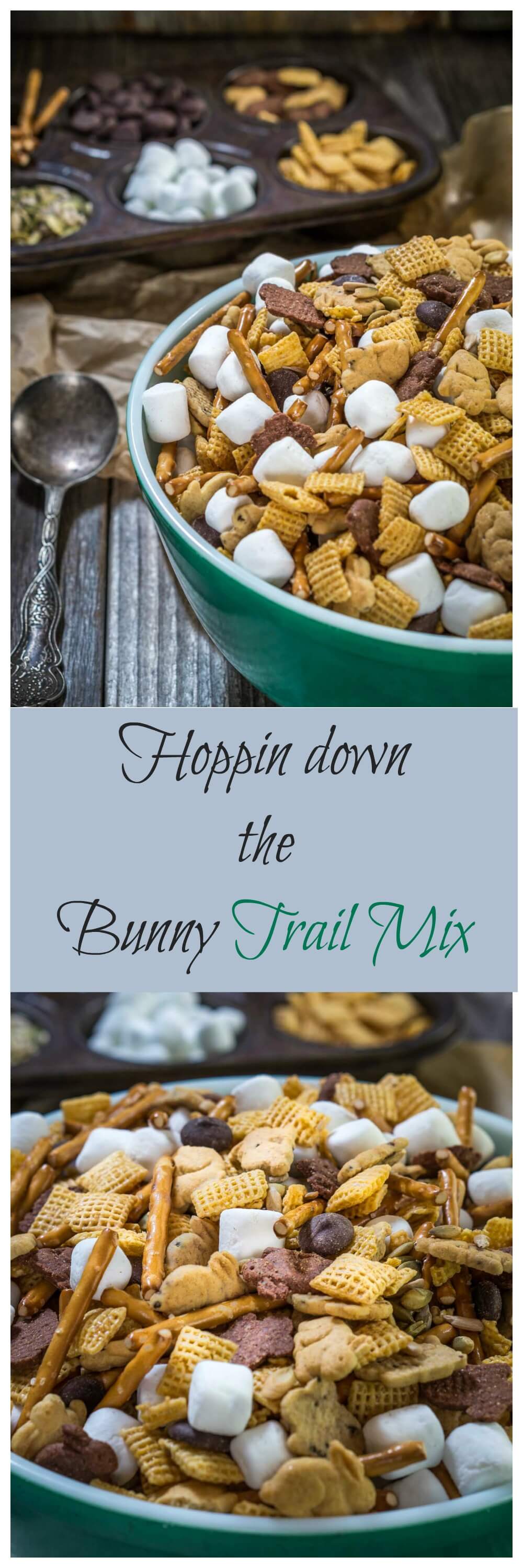 Two photo collage of a green bowl filled with snack mix containing graham crackers shaped like bunnies, cereal squares, marshmallows, pretzel sticks, and chocolate chips. A muffin tin is in the back with the ingredients filling the muffin cavities. The banner runs through the center with the title \"Hoppin down the Bunny Trail Mix.