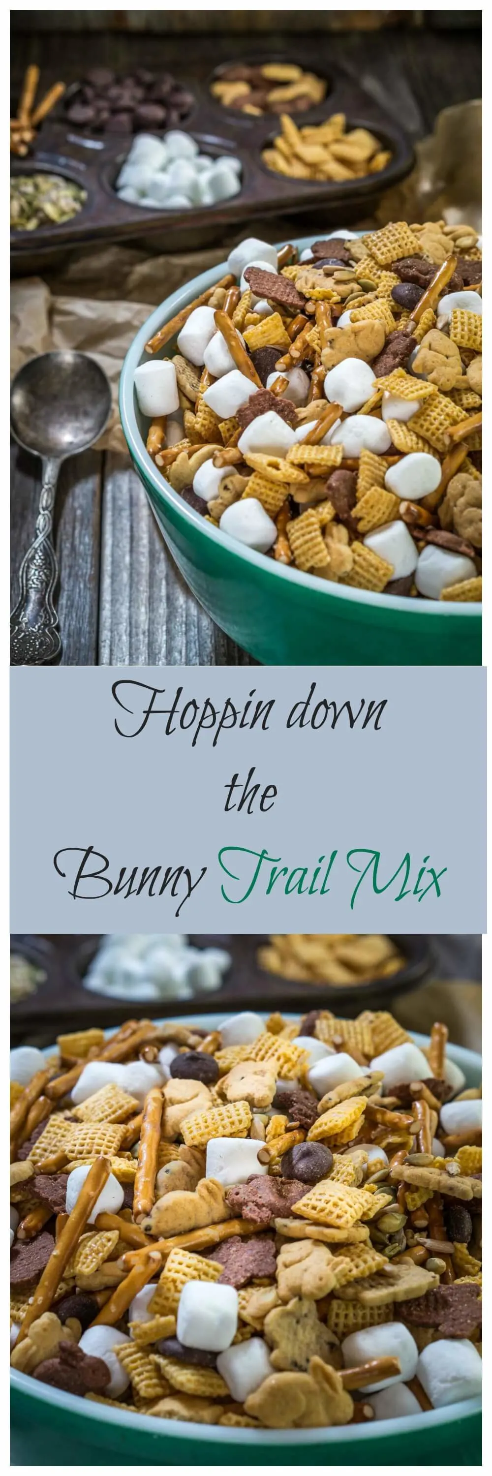 Two photo collage of a green bowl filled with snack mix containing graham crackers shaped like bunnies, cereal squares, marshmallows, pretzel sticks, and chocolate chips. A muffin tin is in the back with the ingredients filling the muffin cavities. The banner runs through the center with the title \"Hoppin down the Bunny Trail Mix.