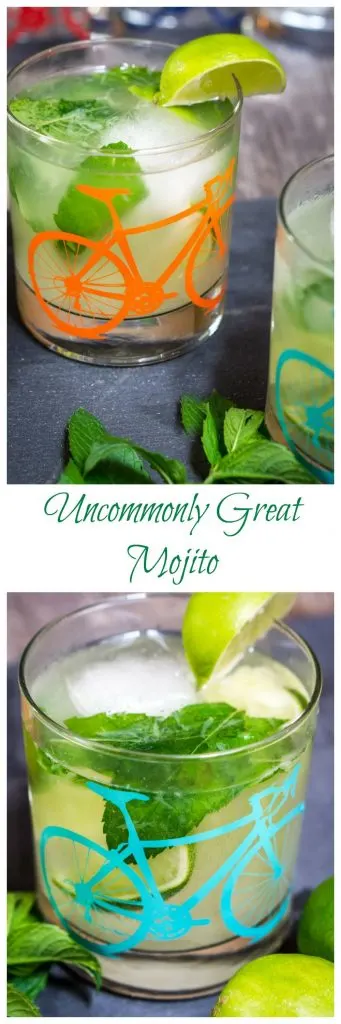 Two photos for Pinterest. The top photo is of a glass decorated bicycle on the front filled with a Mojito garnished with fresh mint and a slice of lime. Fresh mint and a second partial glass is in the front. A single top-angled glass appears in the bottom photo. The title \"Uncommonly Great Mojito\" runs through the center.