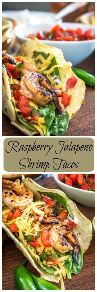 Two photo collage for Pinterest of a taco shell filled with lettuce, diced tomatoes, and cheese, topped with Raspberry jalapeno Shrimp. A bowl of fresh pico and a jalapeno sit in the background.